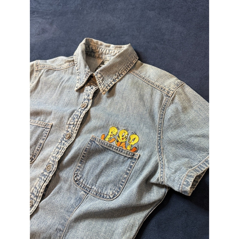 Vintage Warner Bros Looney Tunes Tweety Bird Denim Shirt Womens M Blue Short Slv